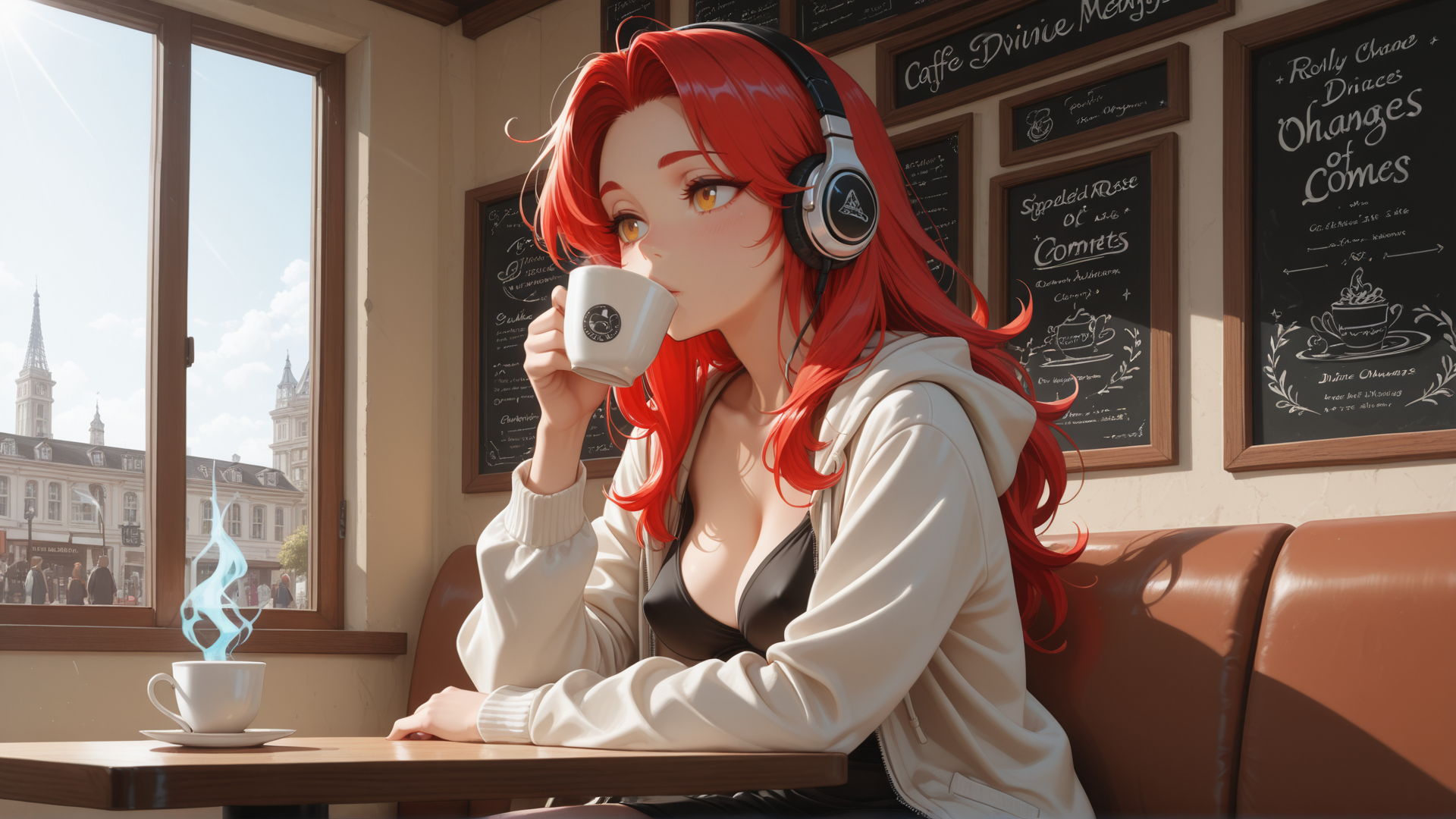 AI generated wallpaper featuring woman, coffee, headphones, cafe, window