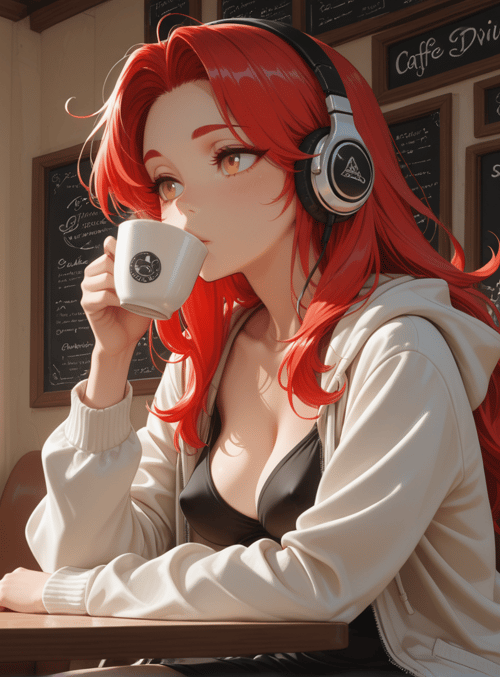 woman, coffee, headphones, cafe, window