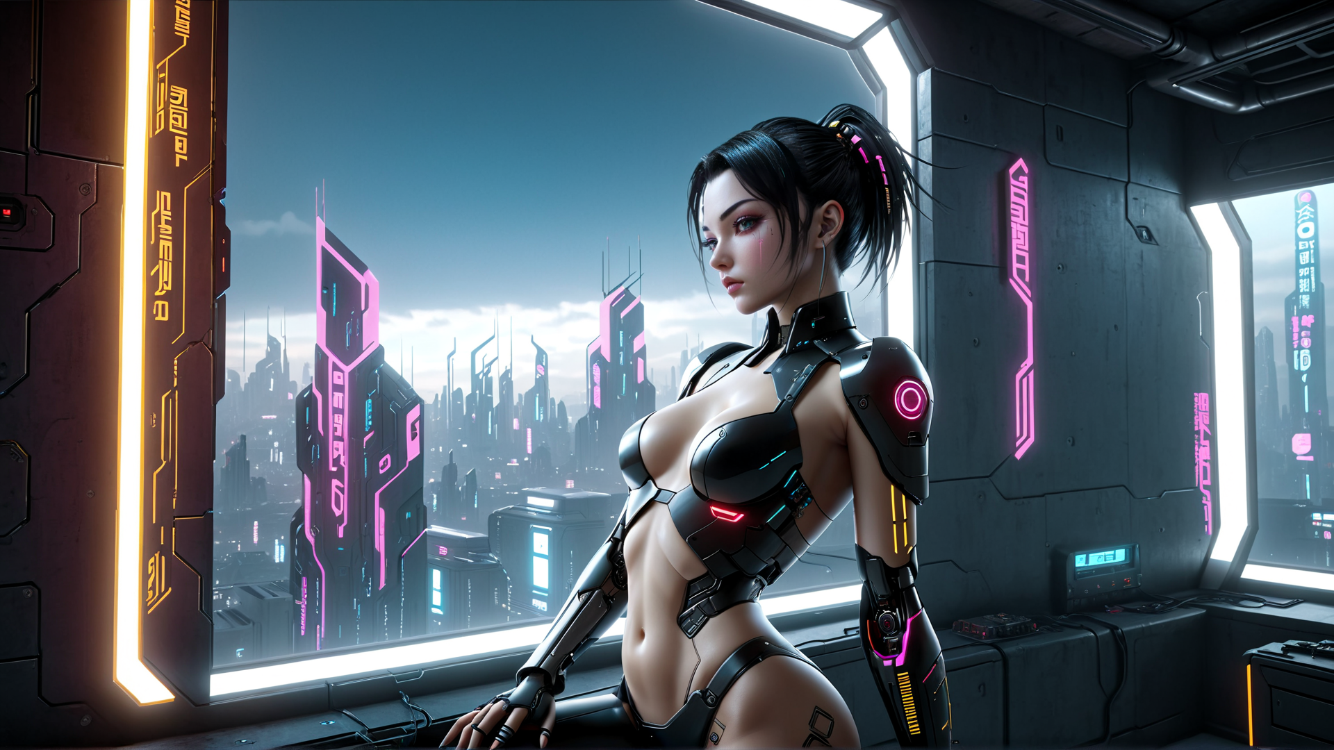 AI generated wallpaper featuring cyborg, woman, cityscape