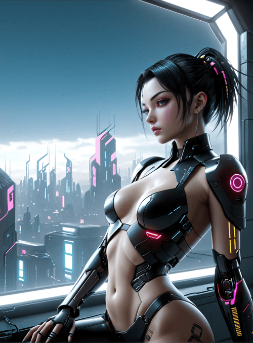 cyborg, woman, cityscape