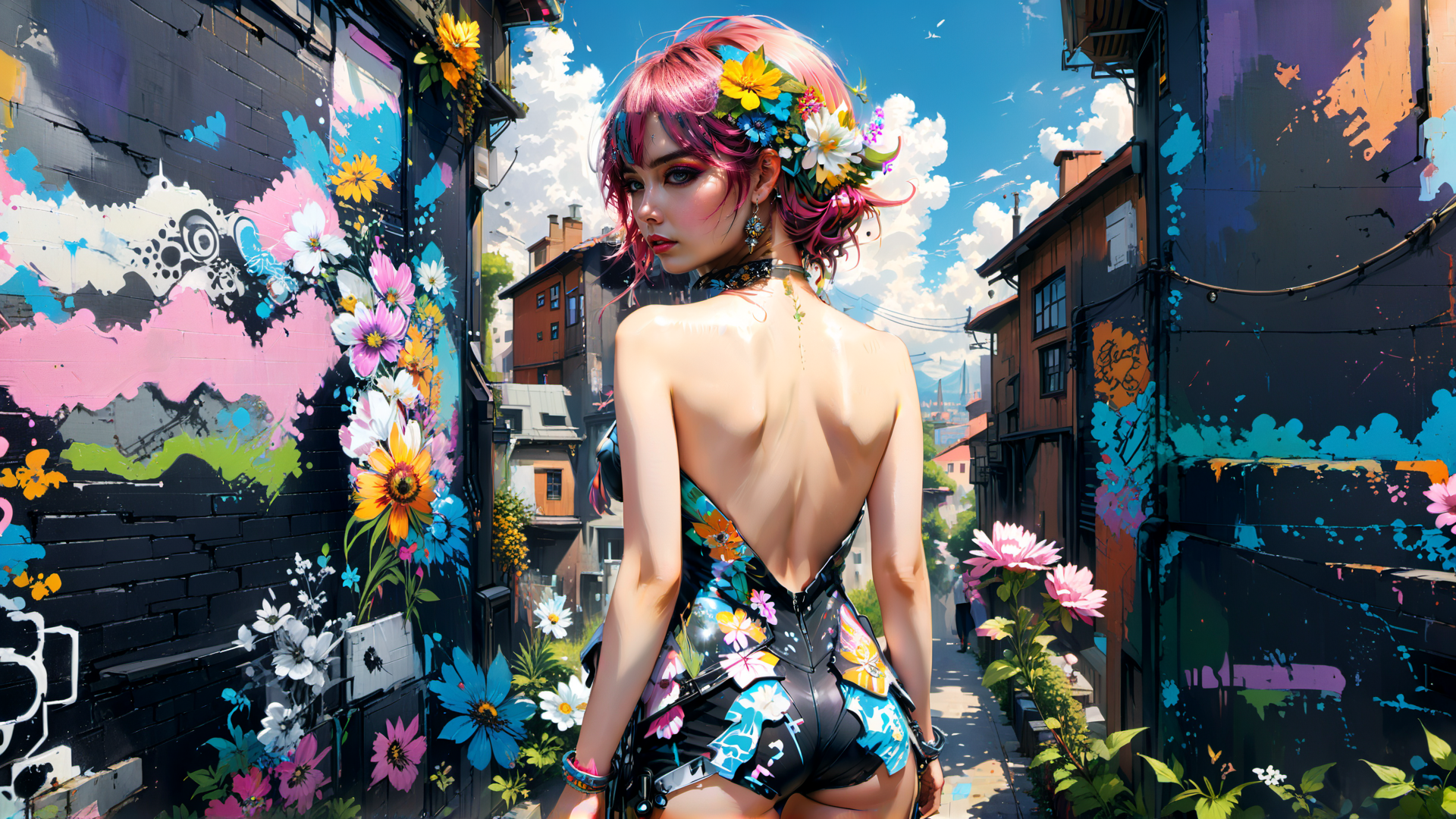 AI generated wallpaper featuring woman, flowers, alley