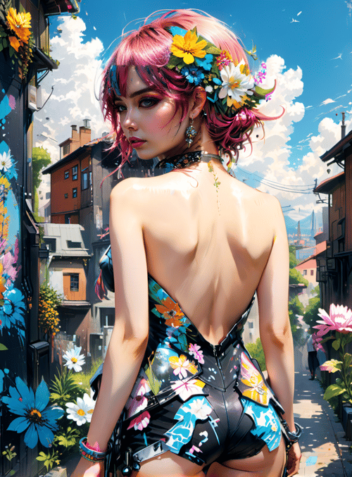 woman, flowers, alley