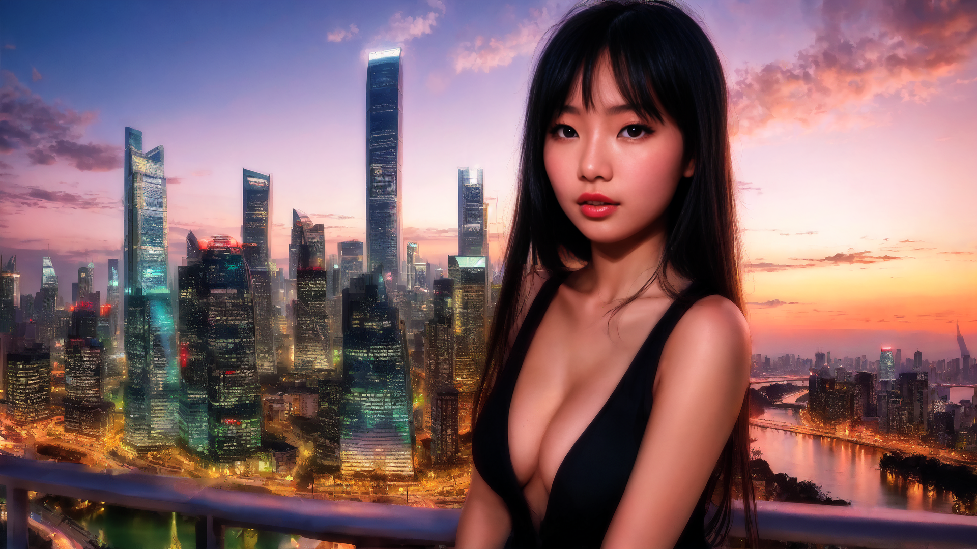 AI generated wallpaper featuring woman, cityscape, sunset