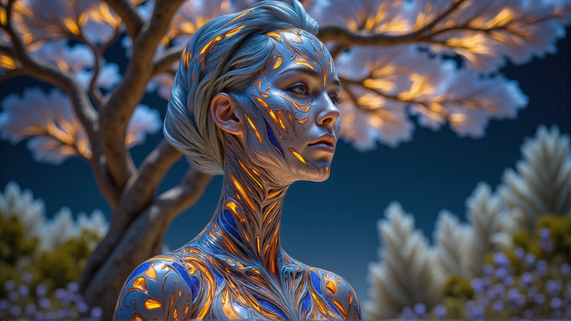 AI generated wallpaper featuring woman, tree, nature, art, human, body, pattern