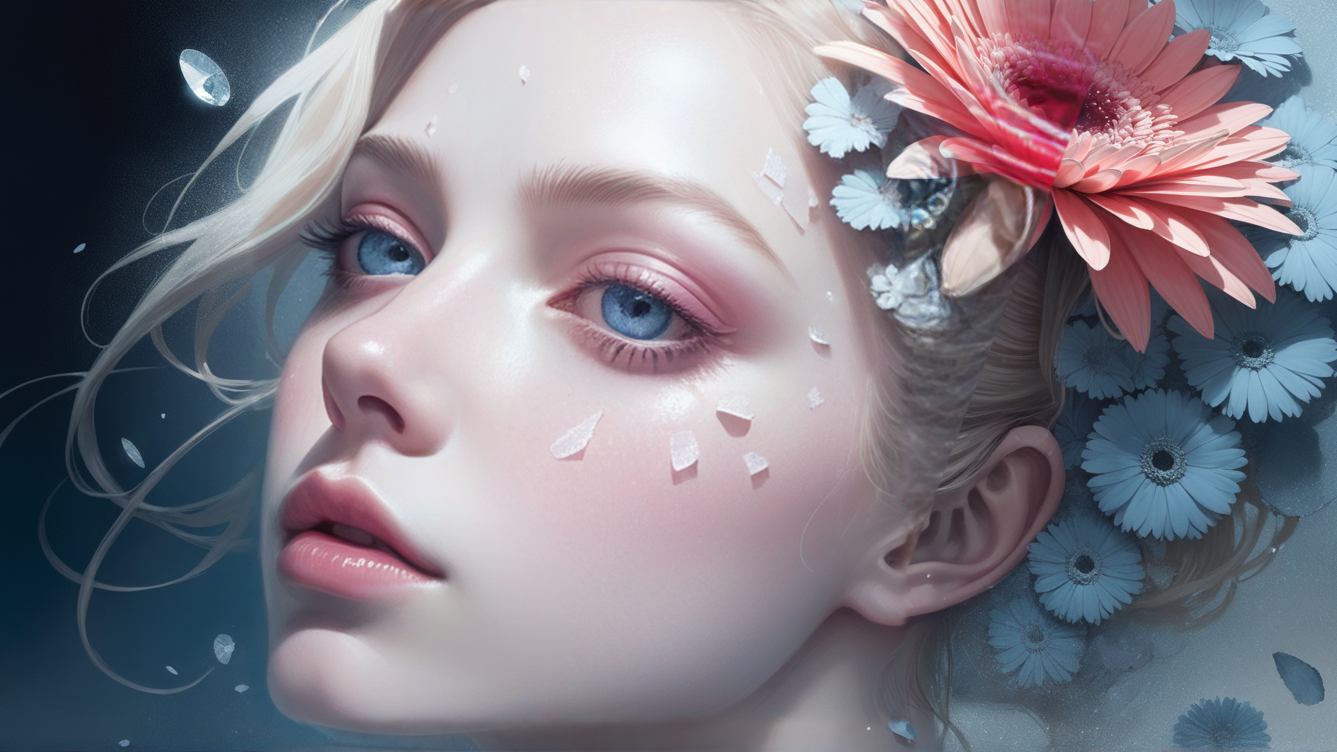 AI generated wallpaper featuring woman, flowers, crystals