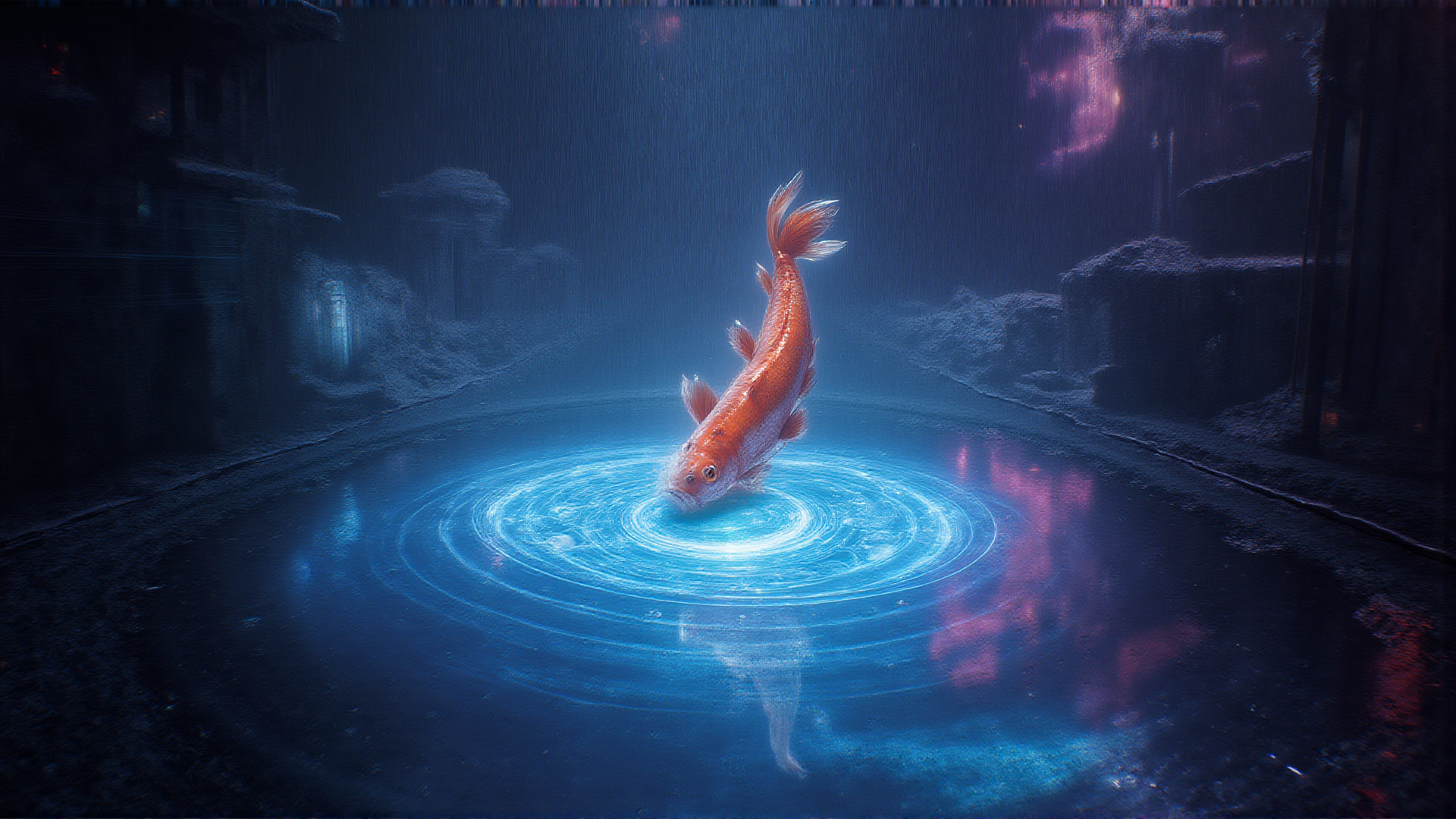 AI generated wallpaper featuring fish, water, rings, city, sky