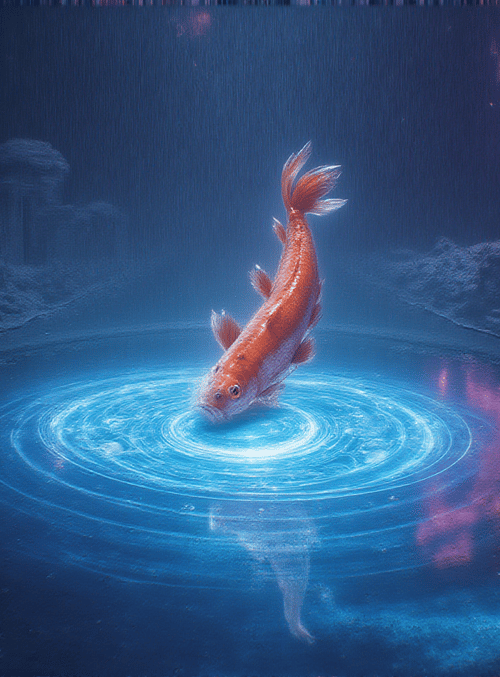 fish, water, rings, city, sky