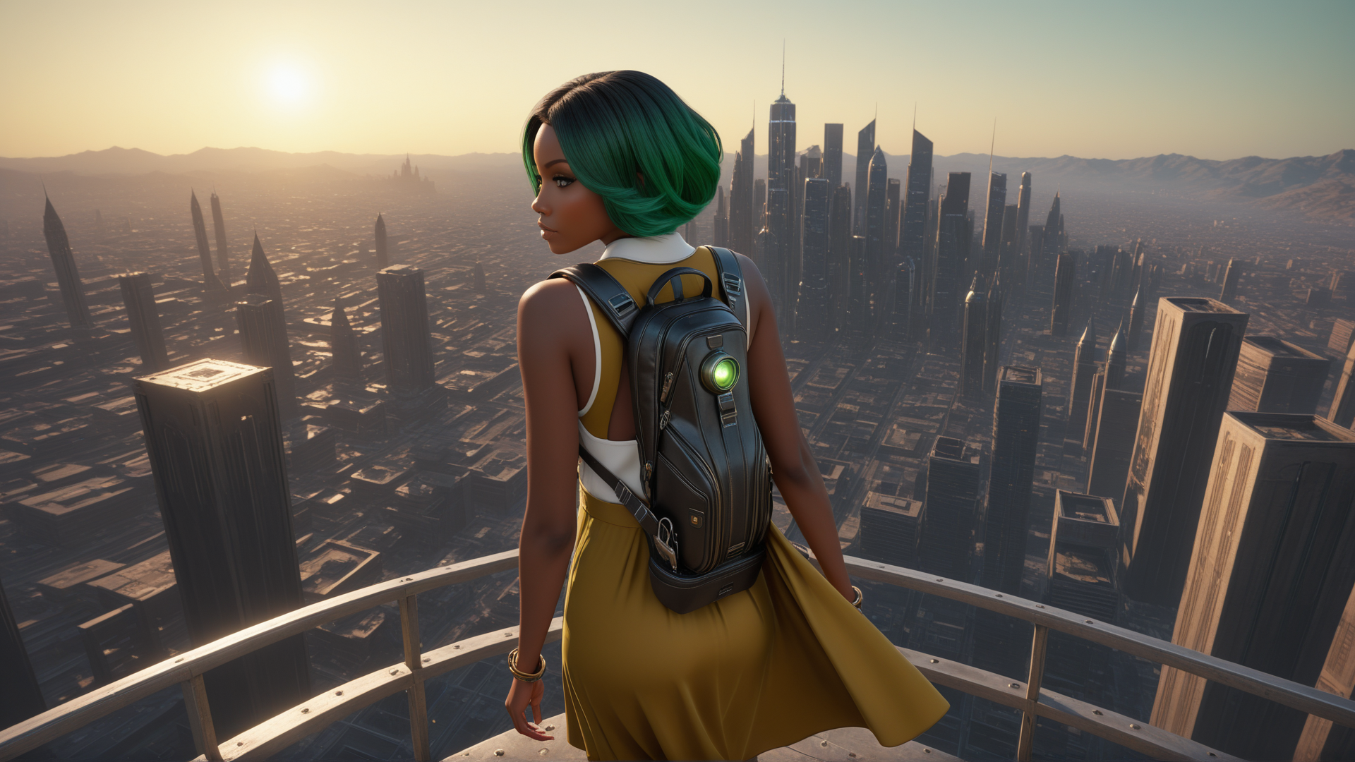AI generated wallpaper featuring woman, cityscape, backpack, sunset, skyscrapers, balcony