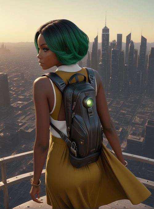 woman, cityscape, backpack, sunset, skyscrapers, balcony