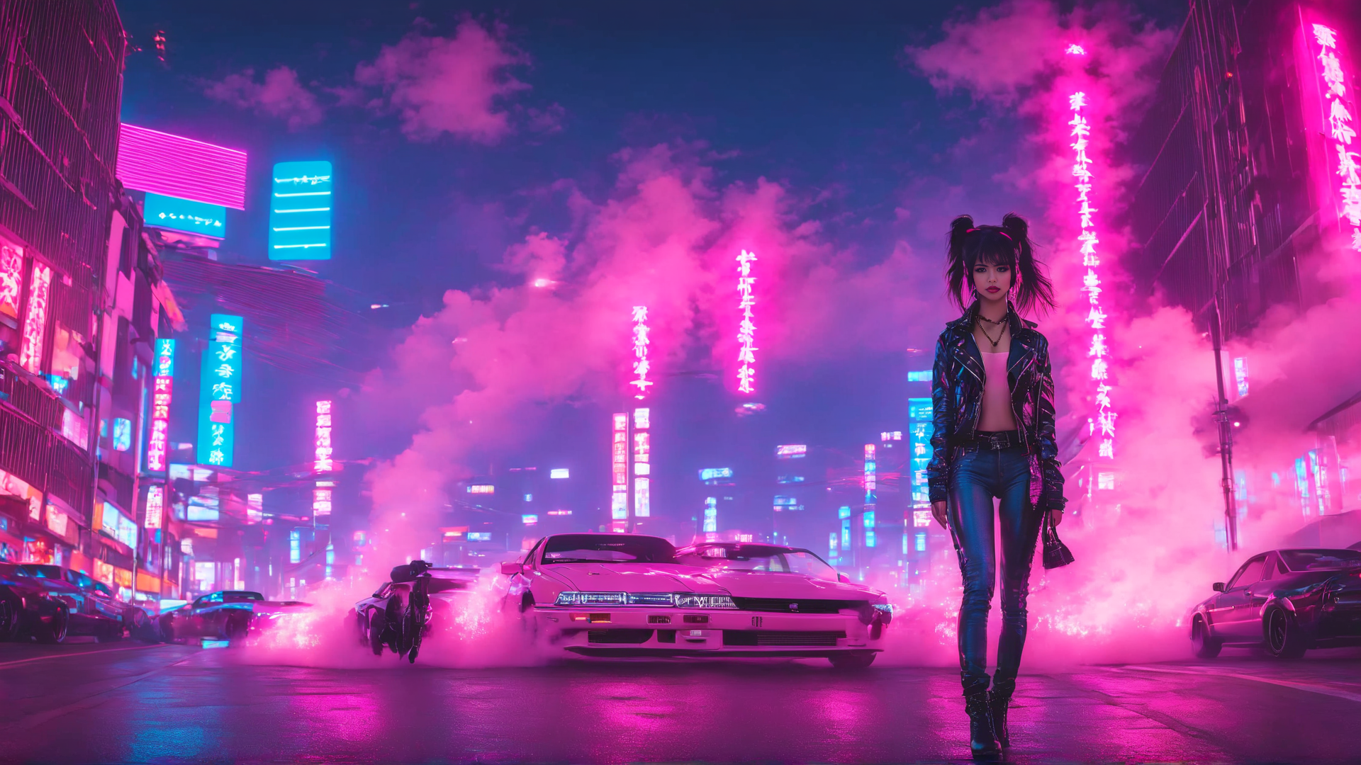 AI generated wallpaper featuring girl, cars, city