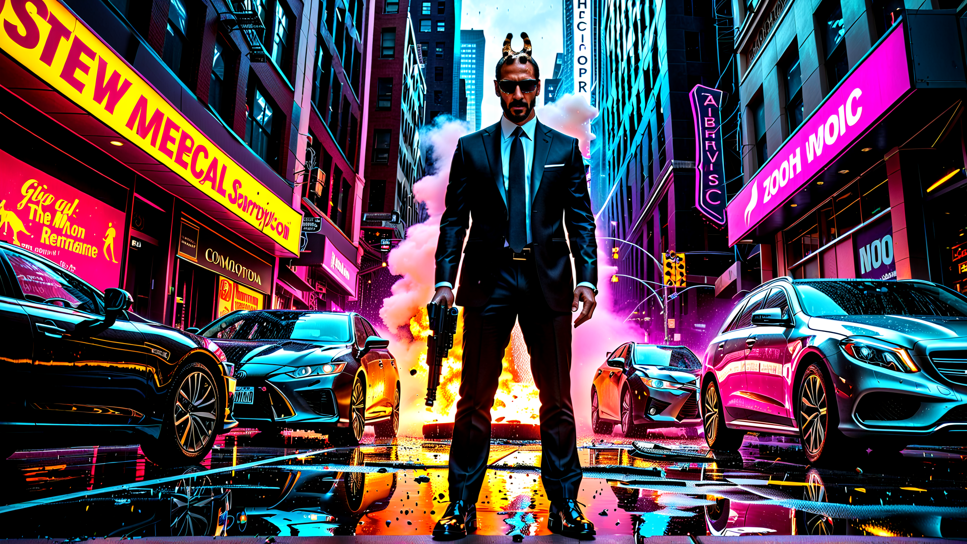 AI generated wallpaper featuring man, cars, city