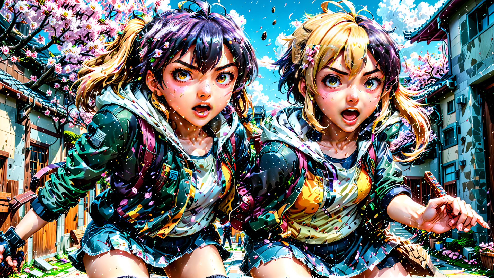 AI generated wallpaper featuring girls, cherry blossoms, street