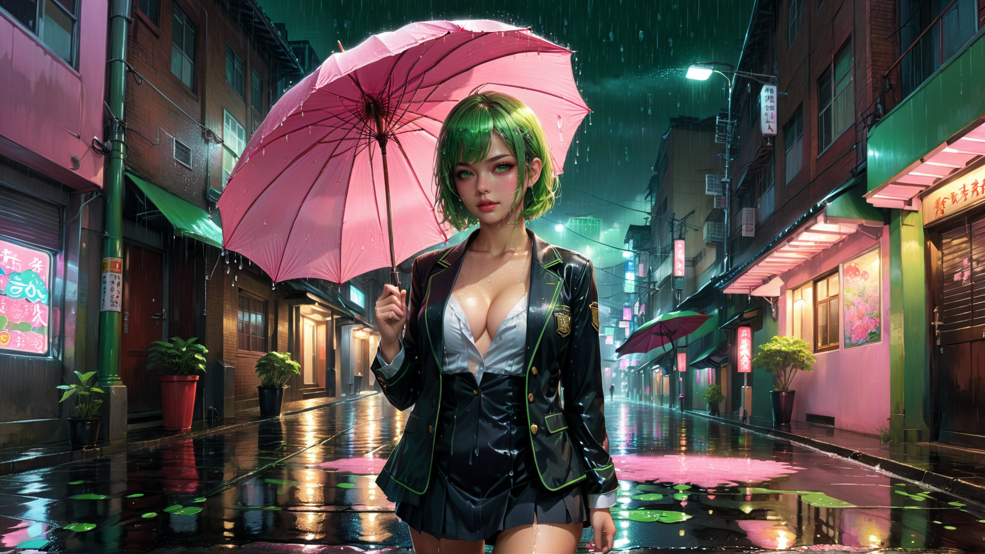 AI generated wallpaper featuring woman, umbrella, street, rain, building, signboard, plant, neon, city, school uniform
