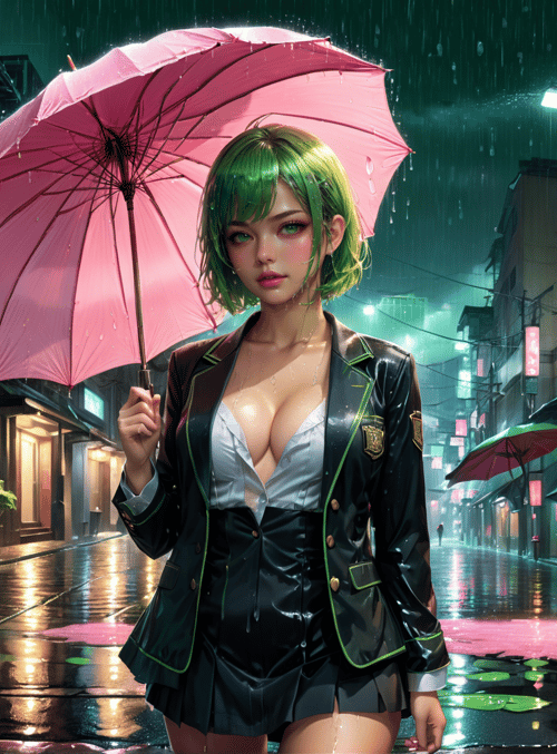 woman, umbrella, street, rain, building, signboard, plant, neon, city, school uniform