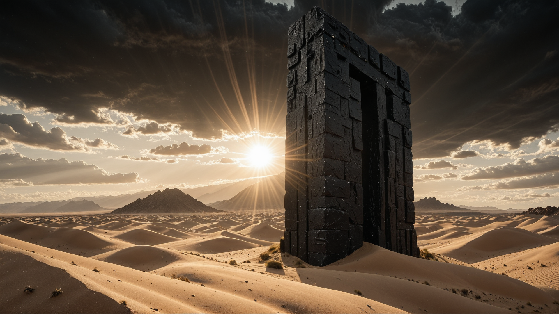 AI generated wallpaper featuring stone monument, desert, sand dunes, sun, clouds, mountains