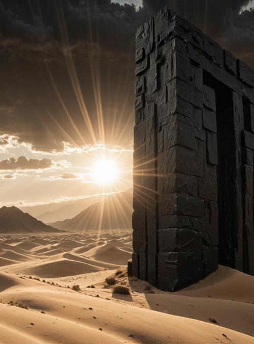 stone monument, desert, sand dunes, sun, clouds, mountains