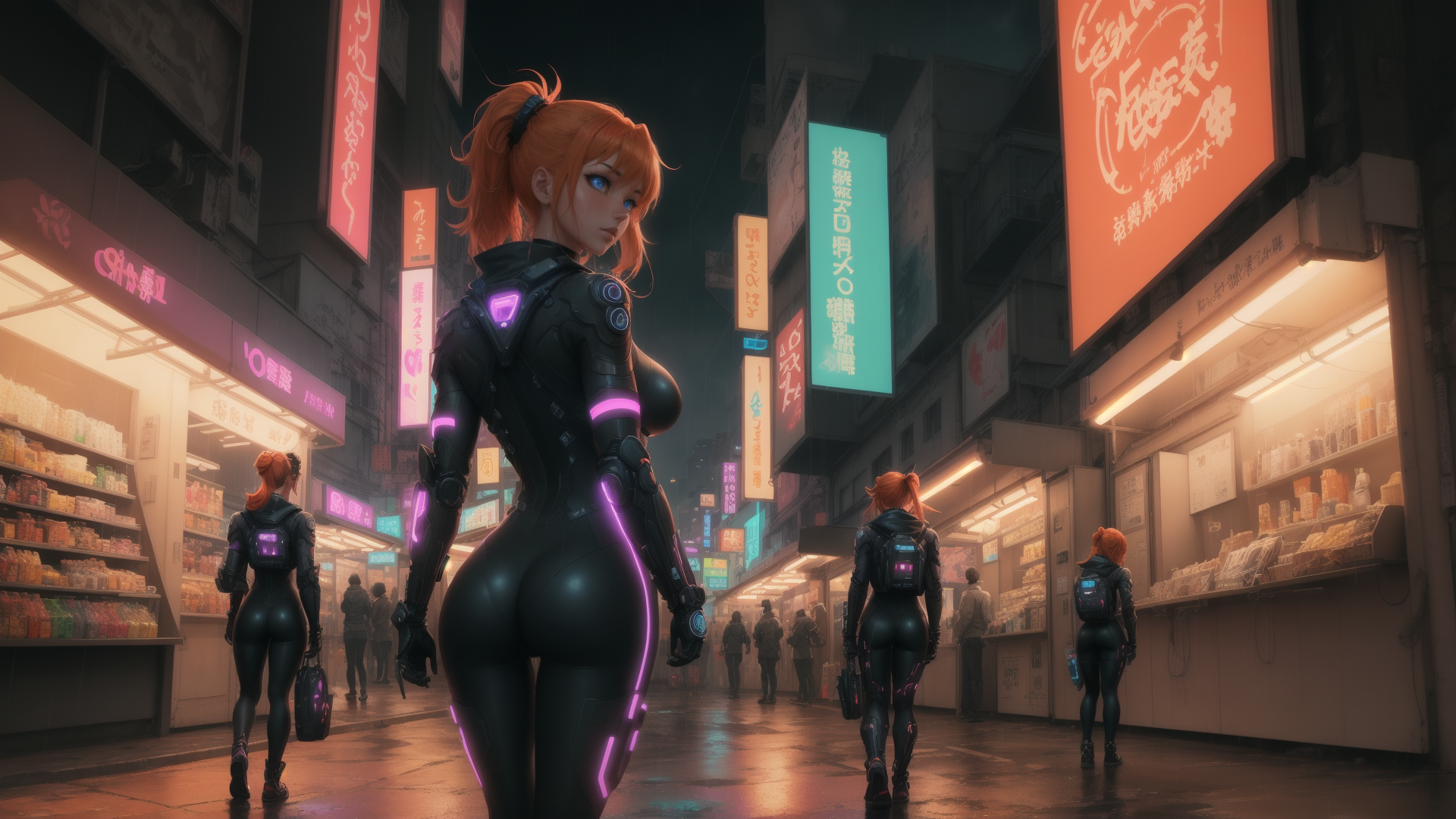 AI generated wallpaper featuring cyborg, female, street