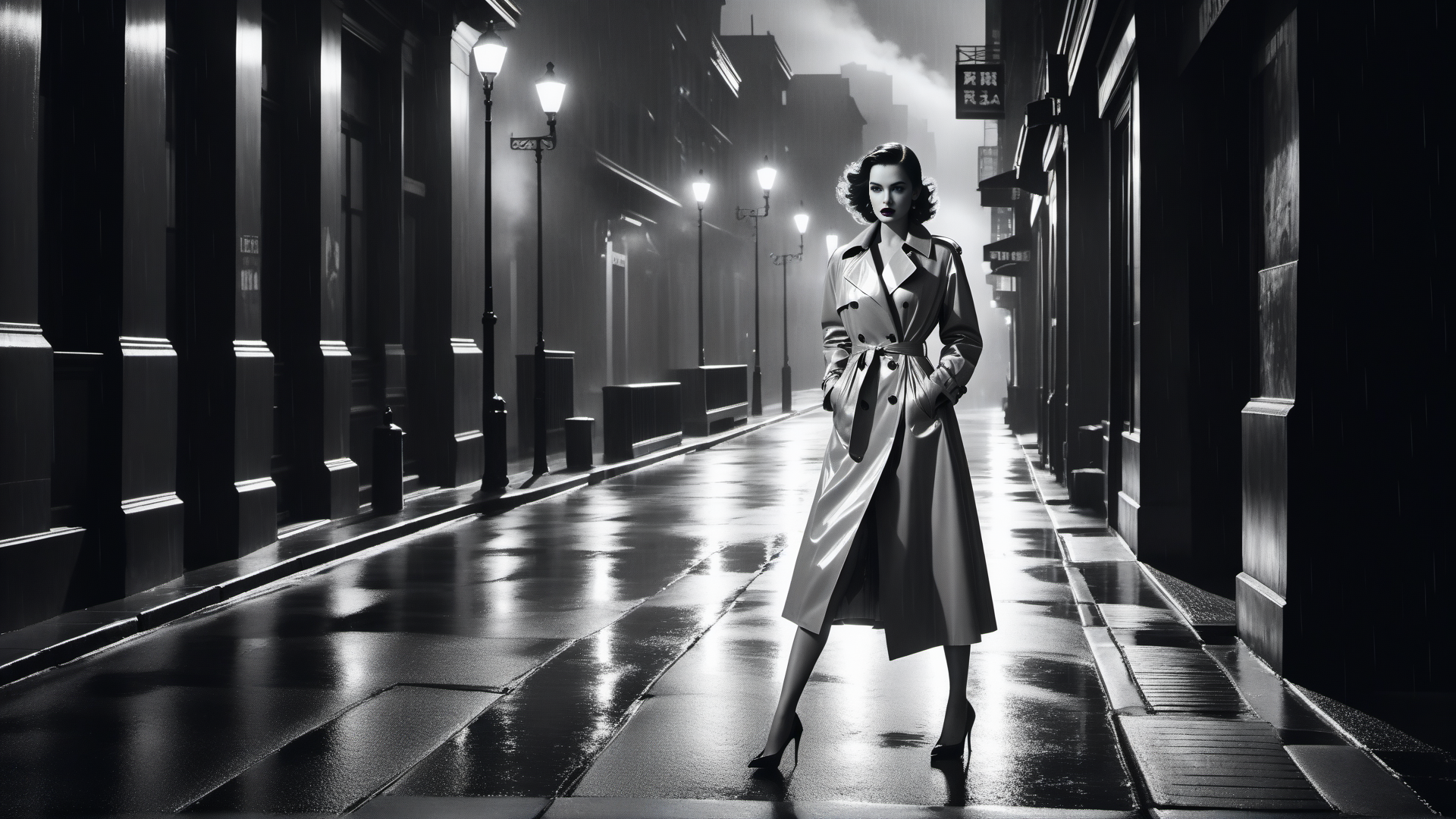 AI generated wallpaper featuring woman, trench coat, street