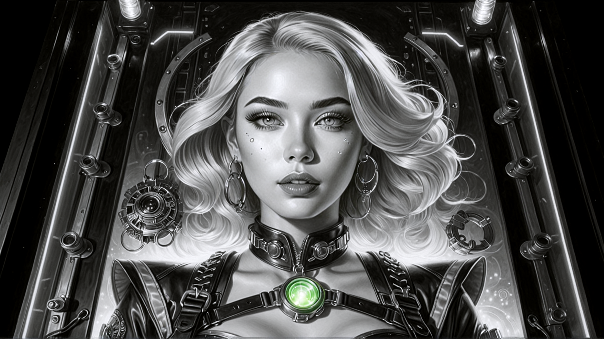 AI generated wallpaper featuring woman, cyborg, robot, hologram, goggles