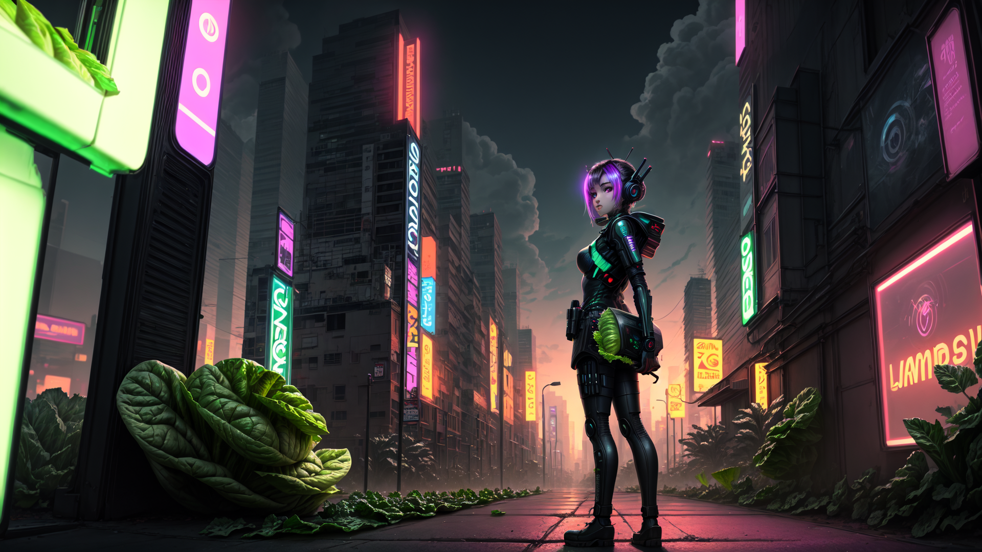 AI generated wallpaper featuring cyborg, neon, city, cabbage, building, sign, robot, street, plant, urban