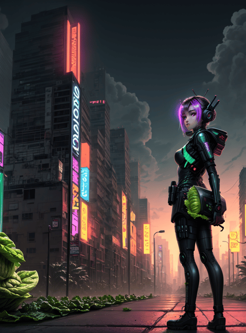 cyborg, neon, city, cabbage, building, sign, robot, street, plant, urban