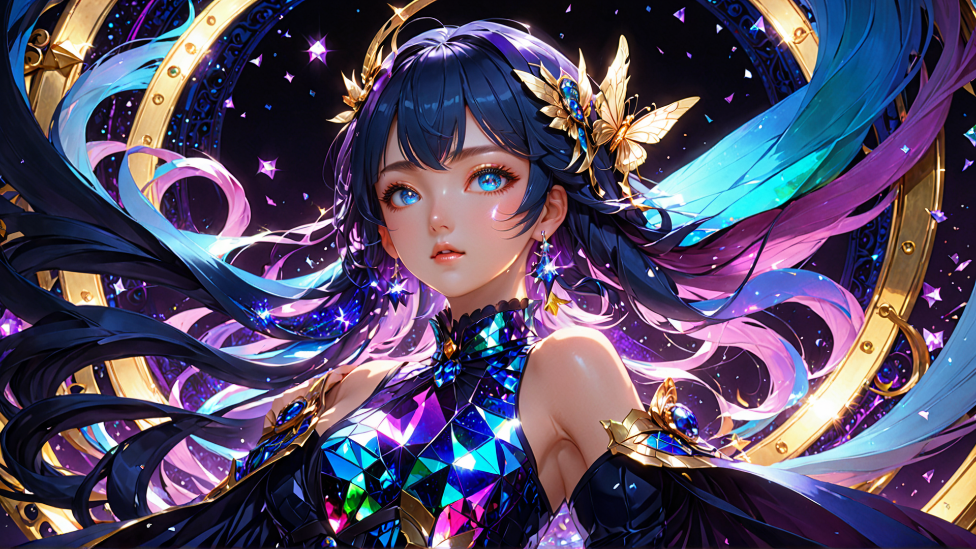 AI generated wallpaper featuring anime girl, butterfly, crystals, gloves, jewelry, hair, dress, stars, circle, gems
