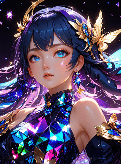 anime girl, butterfly, crystals, gloves, jewelry, hair, dress, stars, circle, gems