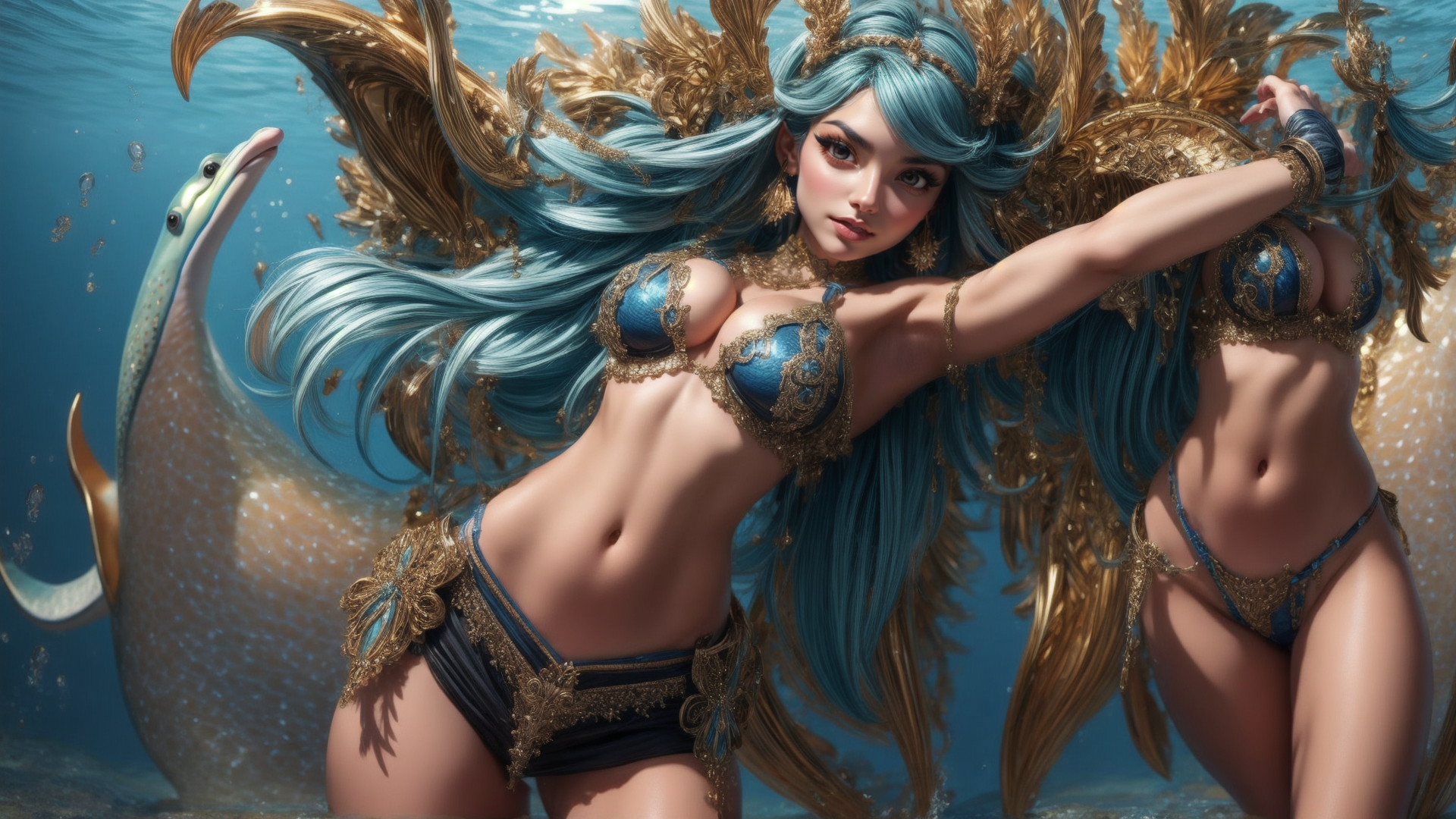AI generated wallpaper featuring mermaid, dolphin, underwater
