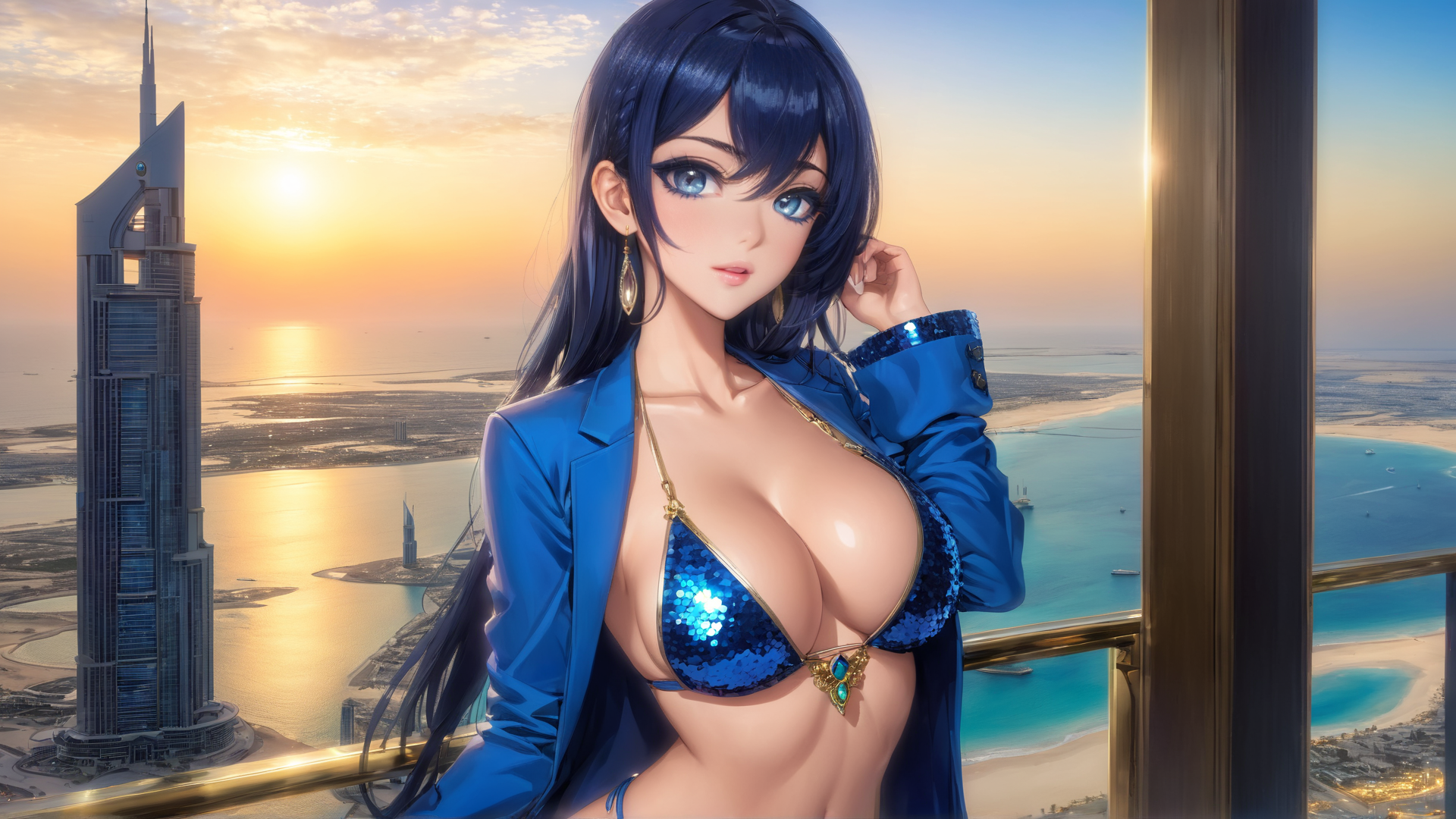 AI generated wallpaper featuring woman, cityscape, sunset