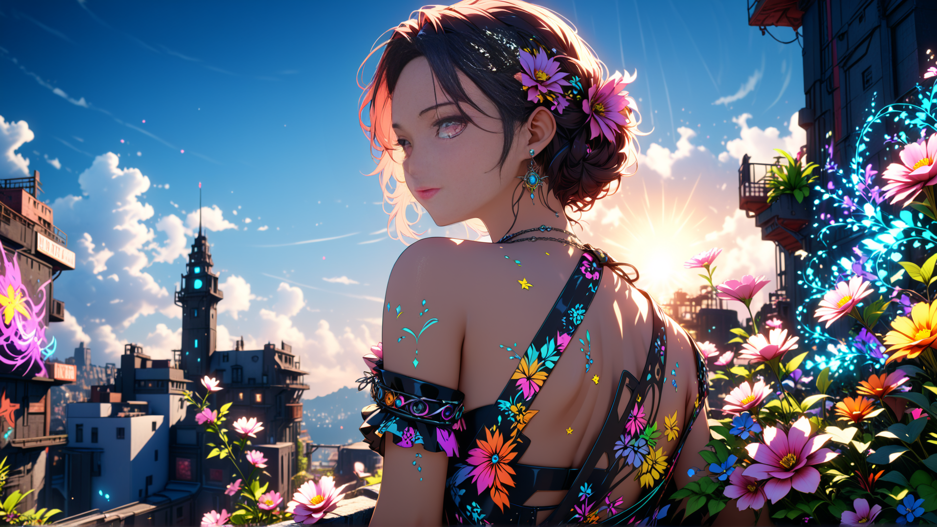AI generated wallpaper featuring woman, cityscape, flowers