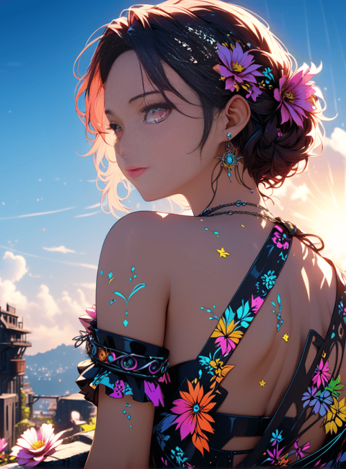 woman, cityscape, flowers
