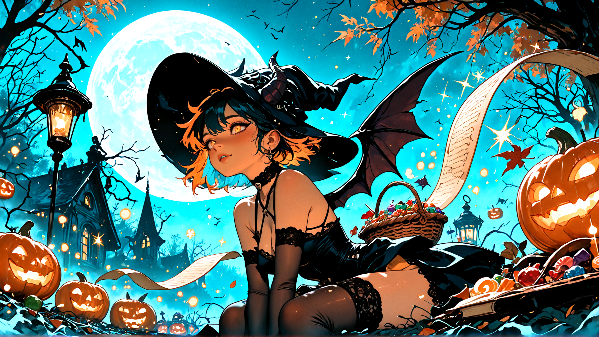AI generated wallpaper featuring witch, bat, pumpkin, candy basket, lantern, book, tree, moon, house, leaf