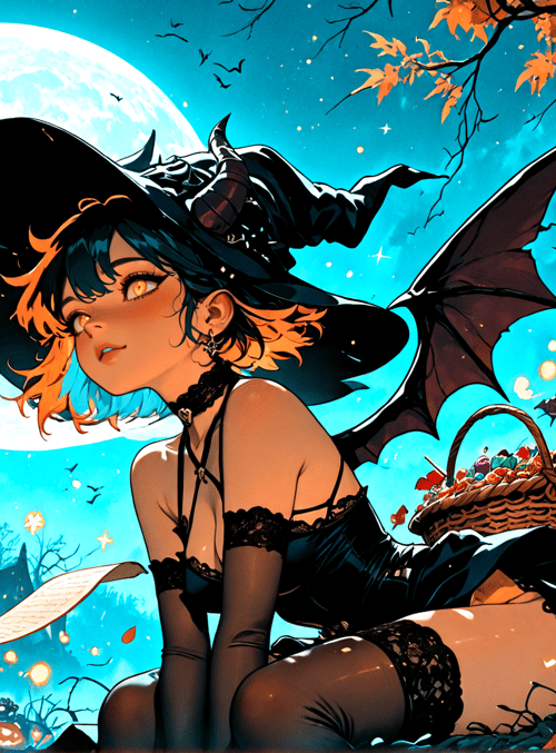 witch, bat, pumpkin, candy basket, lantern, book, tree, moon, house, leaf
