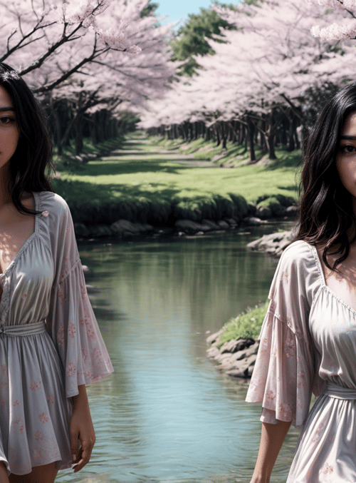 woman, cherry blossoms, river