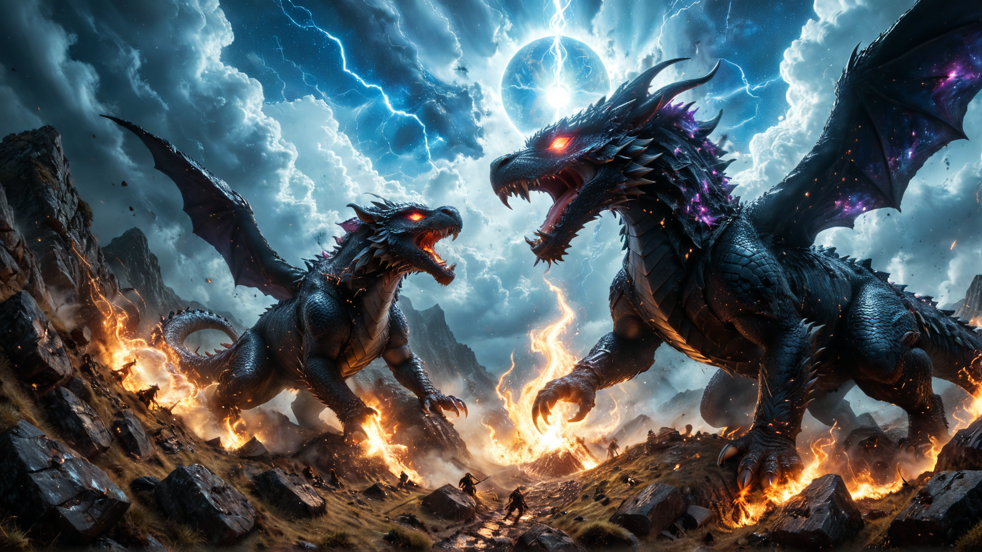 AI generated wallpaper featuring dragons, warriors