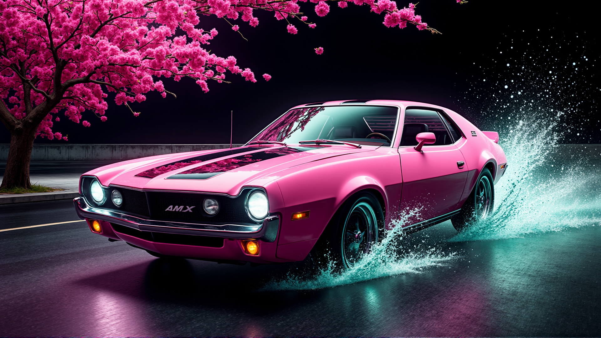AI generated wallpaper featuring car, cherry tree, road, water splash