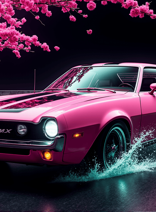 car, cherry tree, road, water splash