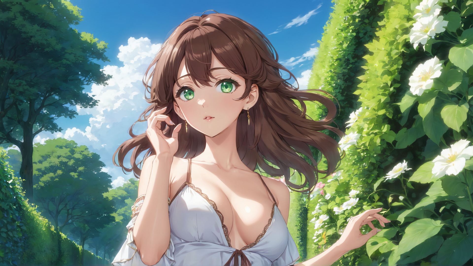 AI generated wallpaper featuring girl, flower, tree