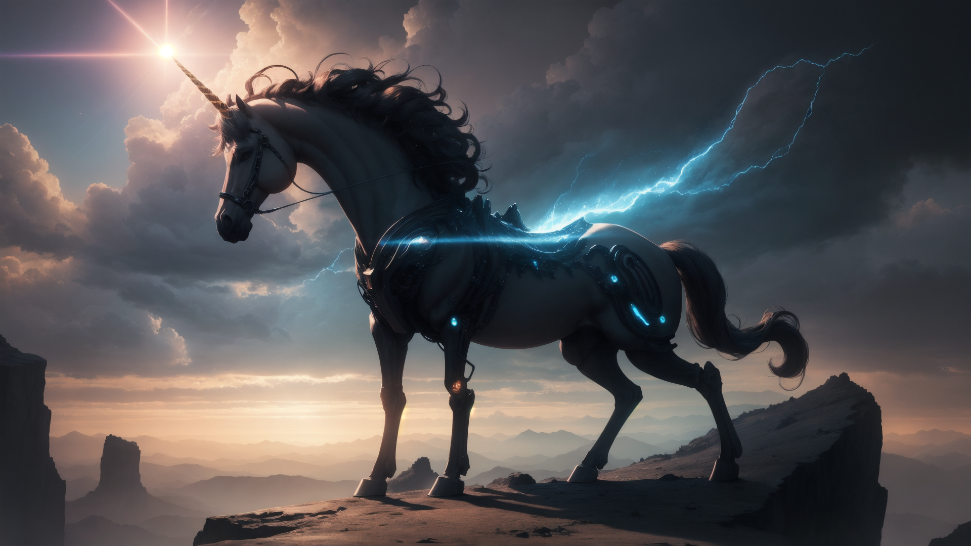 AI generated wallpaper featuring unicorn, horse, lightning