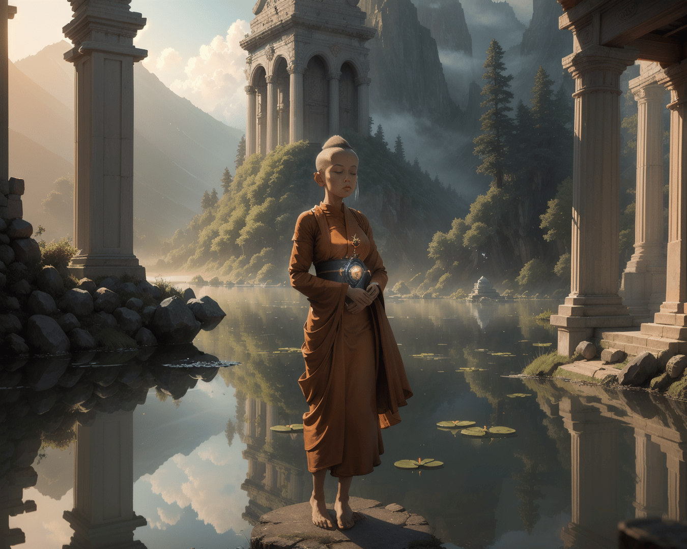 AI generated wallpaper featuring monk, ancient ruins, lake