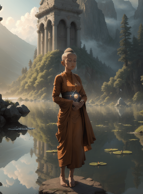 monk, ancient ruins, lake