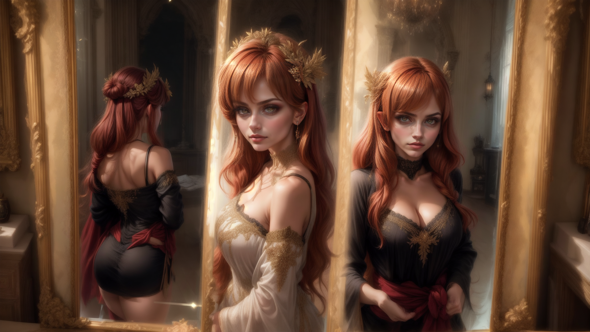 AI generated wallpaper featuring woman, mirror, dress