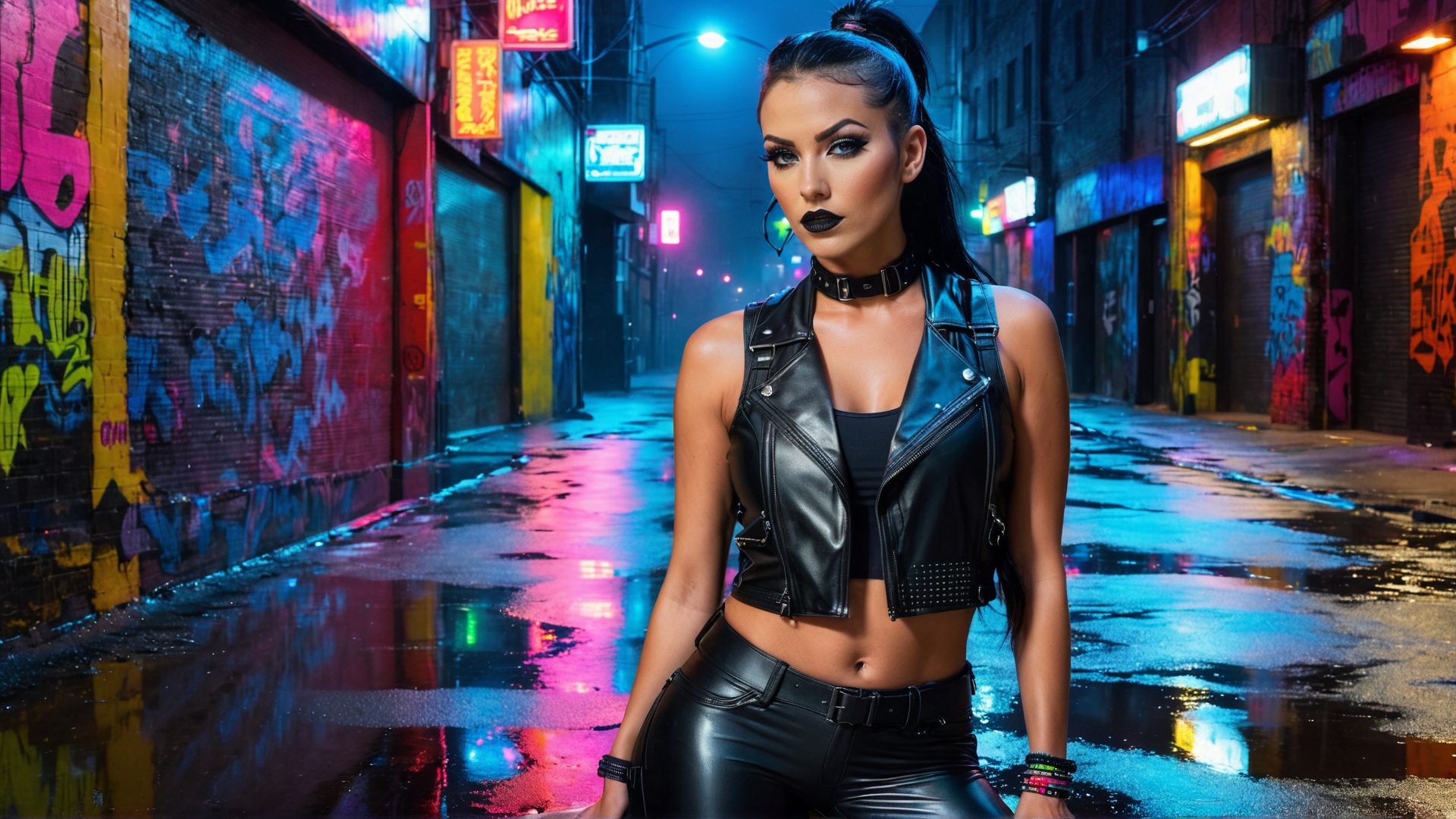 AI generated wallpaper featuring woman, graffiti, street