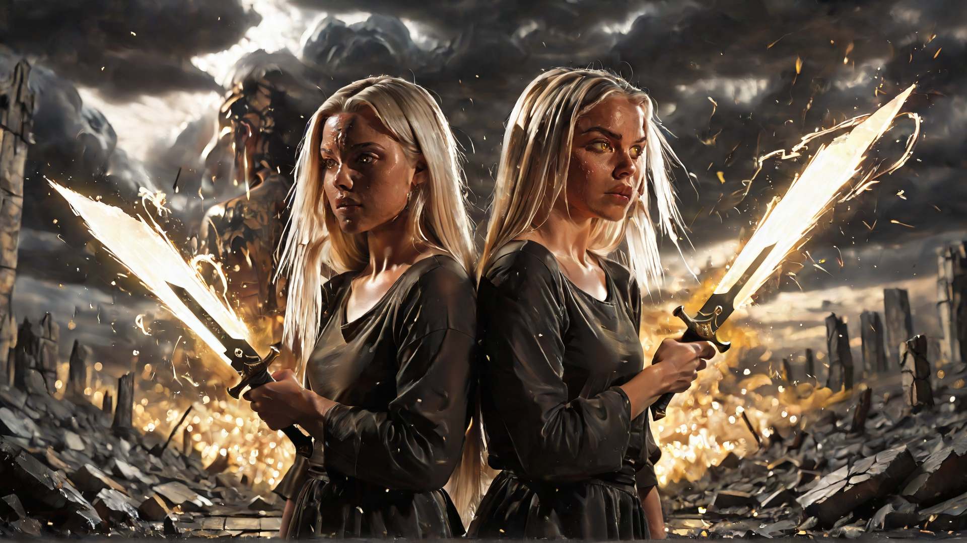 AI generated wallpaper featuring women, swords, battlefield, armor, ruins
