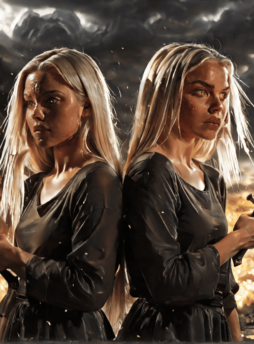 women, swords, battlefield, armor, ruins