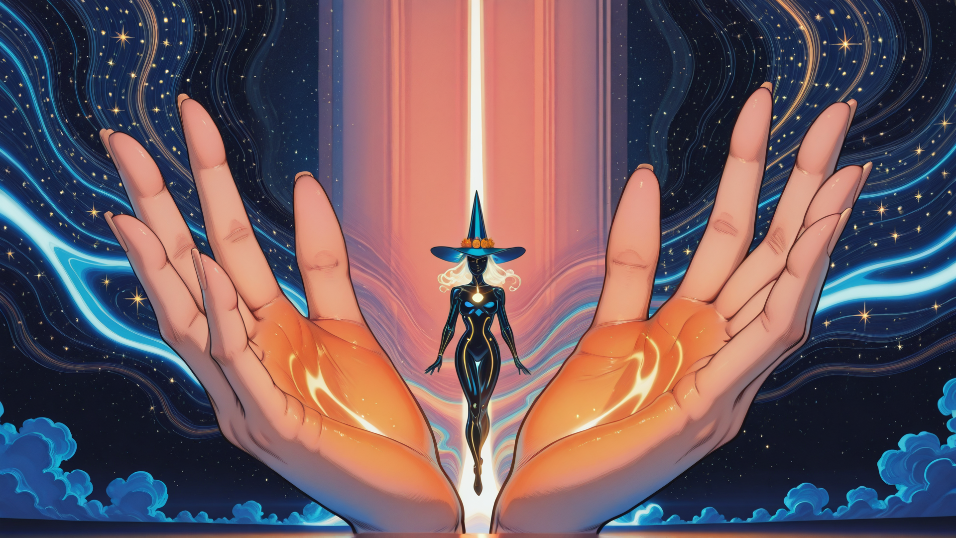 AI generated wallpaper featuring hands, witch, stars, light beam, clouds