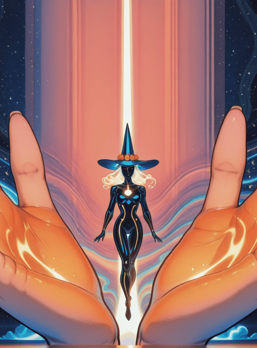 hands, witch, stars, light beam, clouds
