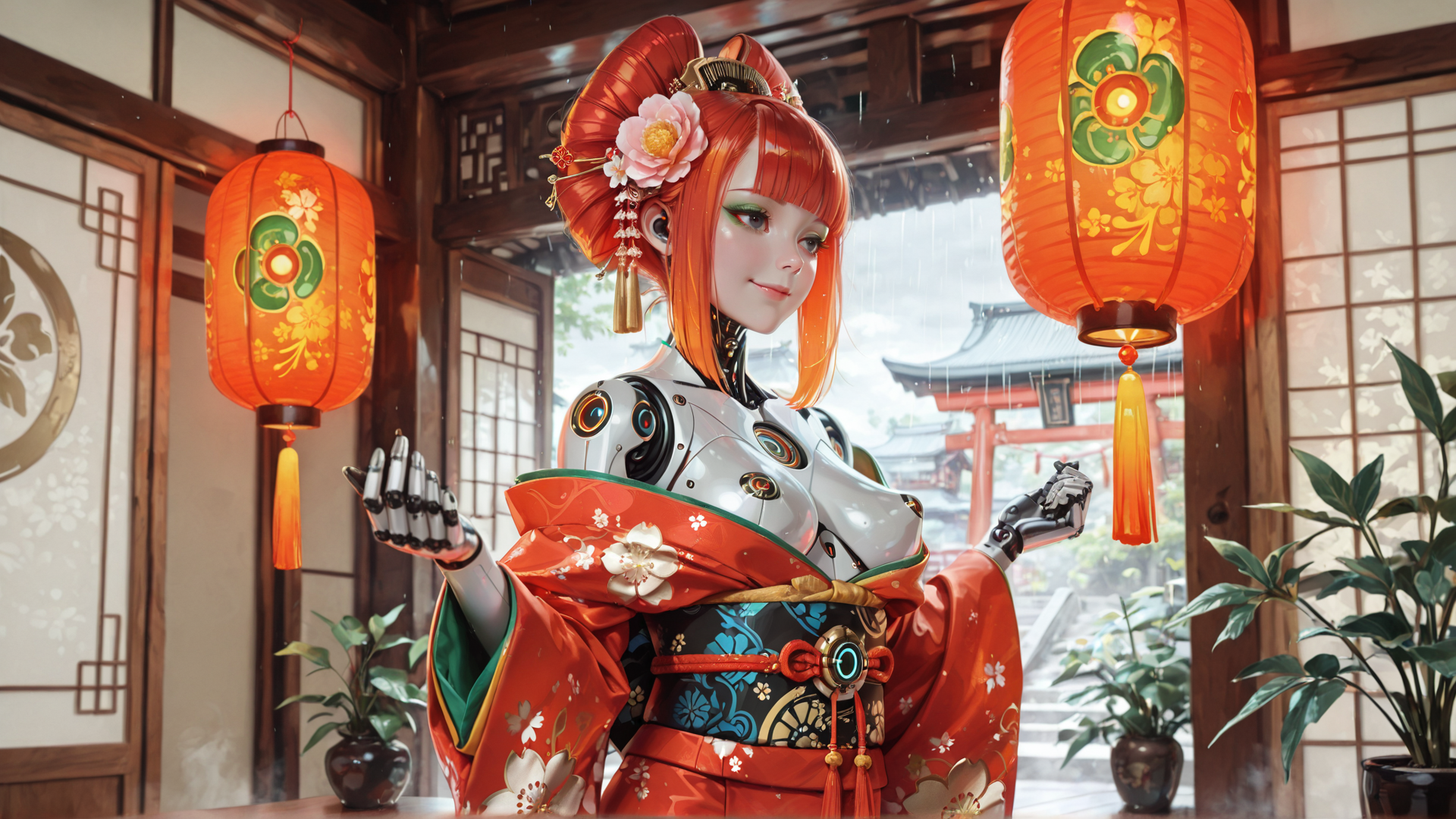 AI generated wallpaper featuring robot, woman, lantern, kimono, garden, cherry blossom, japanese architecture