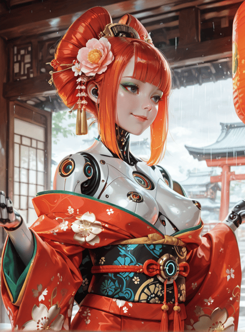 robot, woman, lantern, kimono, garden, cherry blossom, japanese architecture