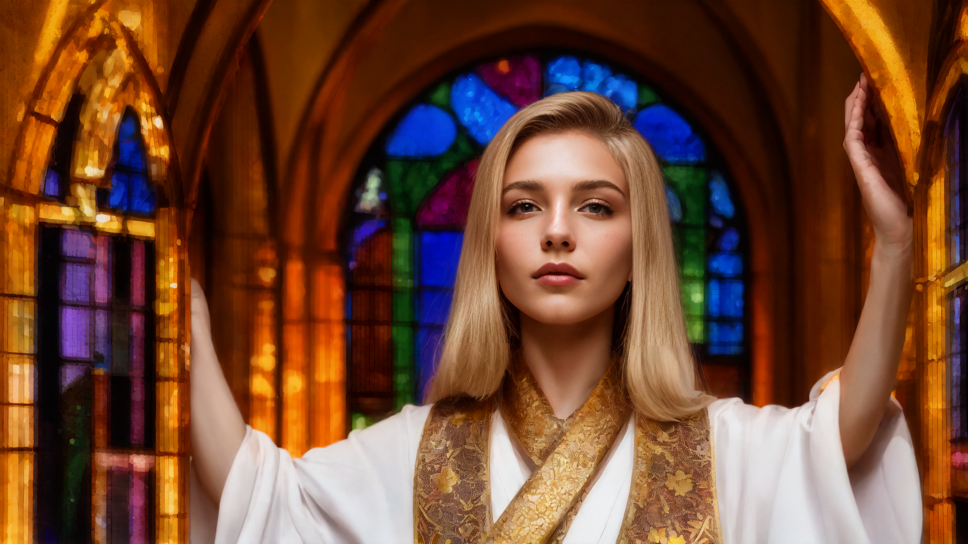 AI generated wallpaper featuring woman, church, stained glass